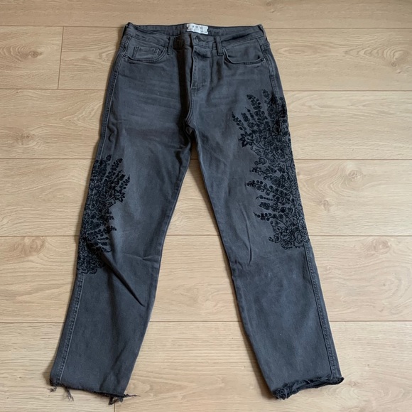Free People Washed Black Embroidered Jeans